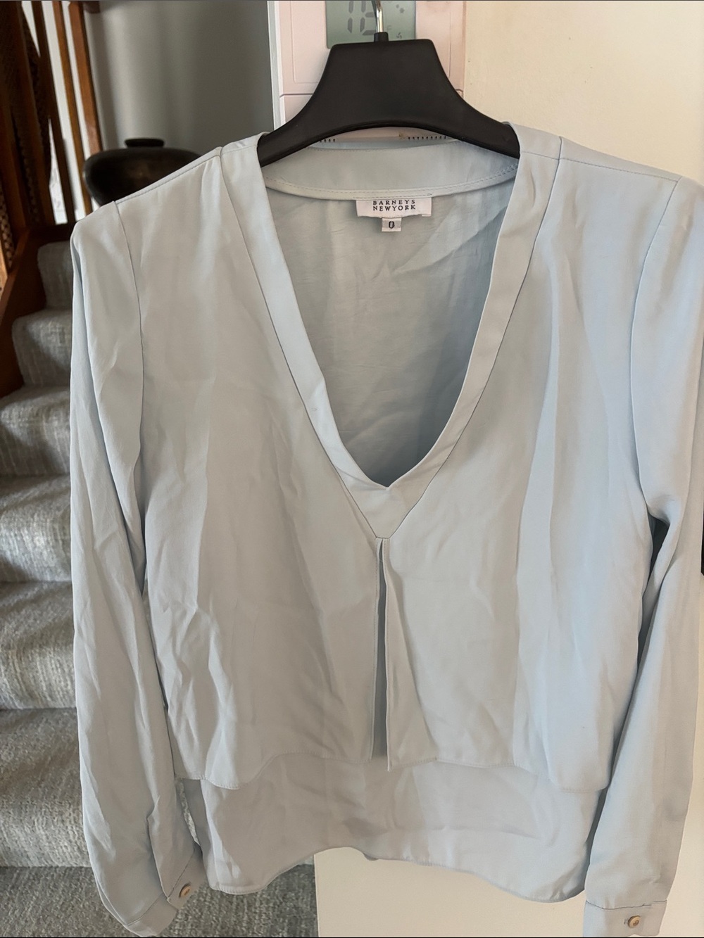 Barneys New York Pale Blue V-Neck Long Sleeve Blouse